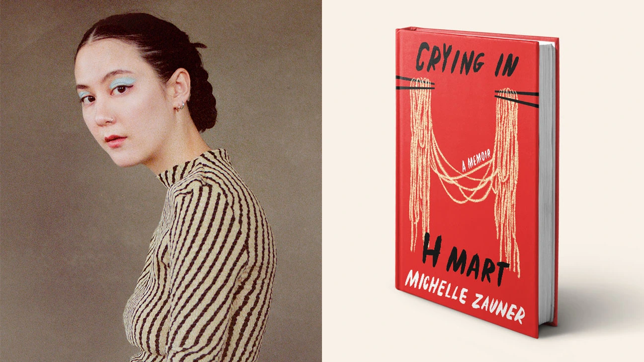 Crying+in+H-Mart+Author+Michelle+Zauner+and+her+novel+pictured+side+to+side