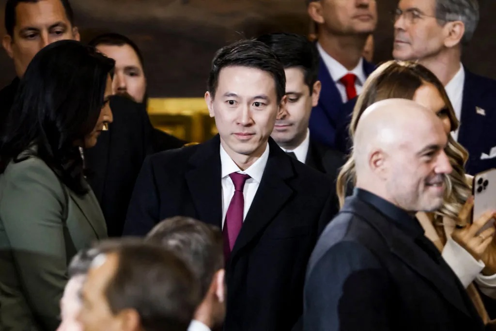 Shou Zi Chew (C), the CEO of TikTok, arrives to attend Donald Trump’s inauguration as the next President of the United States in the rotunda of the United States Capitol in Washington, DC, on 20 January 2025. Trump takes office for his second non-consecutive term as the 47th president of the United States.